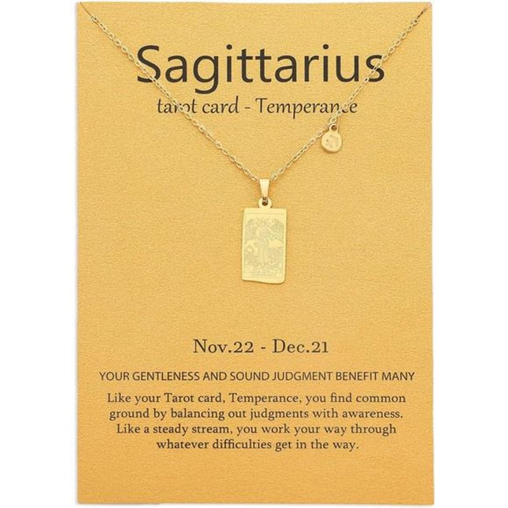 14k Gold Plated Zodiac Sign with Tarot Card Pendant Necklace Birthday Gift